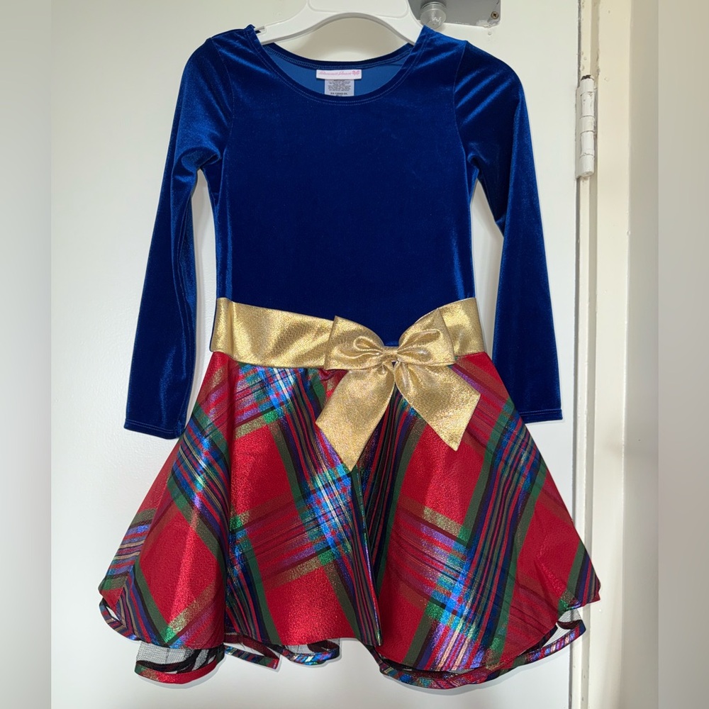Bonnie Jean Girls holiday Kids Plaid Dress with Gold Bow size 7 NWT